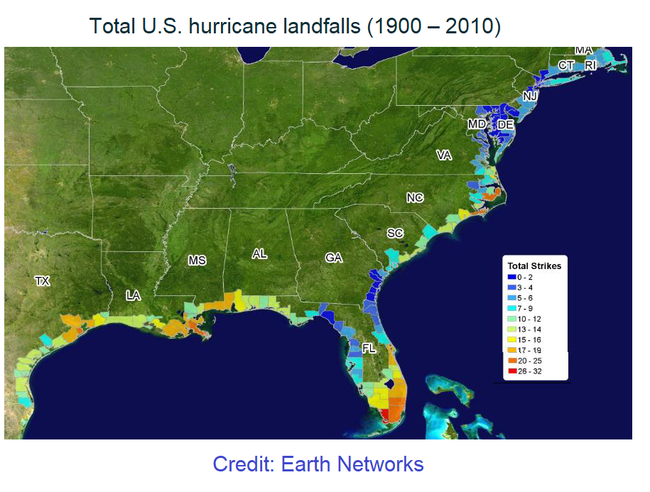 Total U.S. hurricane landfalls (1900 – 2010).png